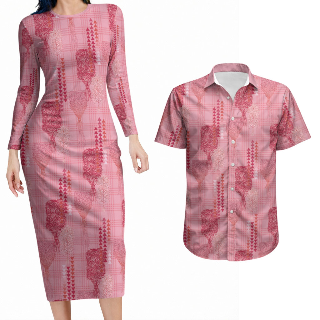 Aloha Hawaii Vintage Kahili Pa'a Lima Couples Matching Long Sleeve Bodycon Dress and Hawaiian Shirt Palaka Print Berry Pink LT7 Pink - Polynesian Pride
