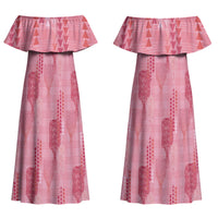 Aloha Hawaii Vintage Kahili Pa'a Lima Couples Matching Off Shoulder Maxi Dress and Long Sleeve Button Shirt Palaka Print Berry Pink
