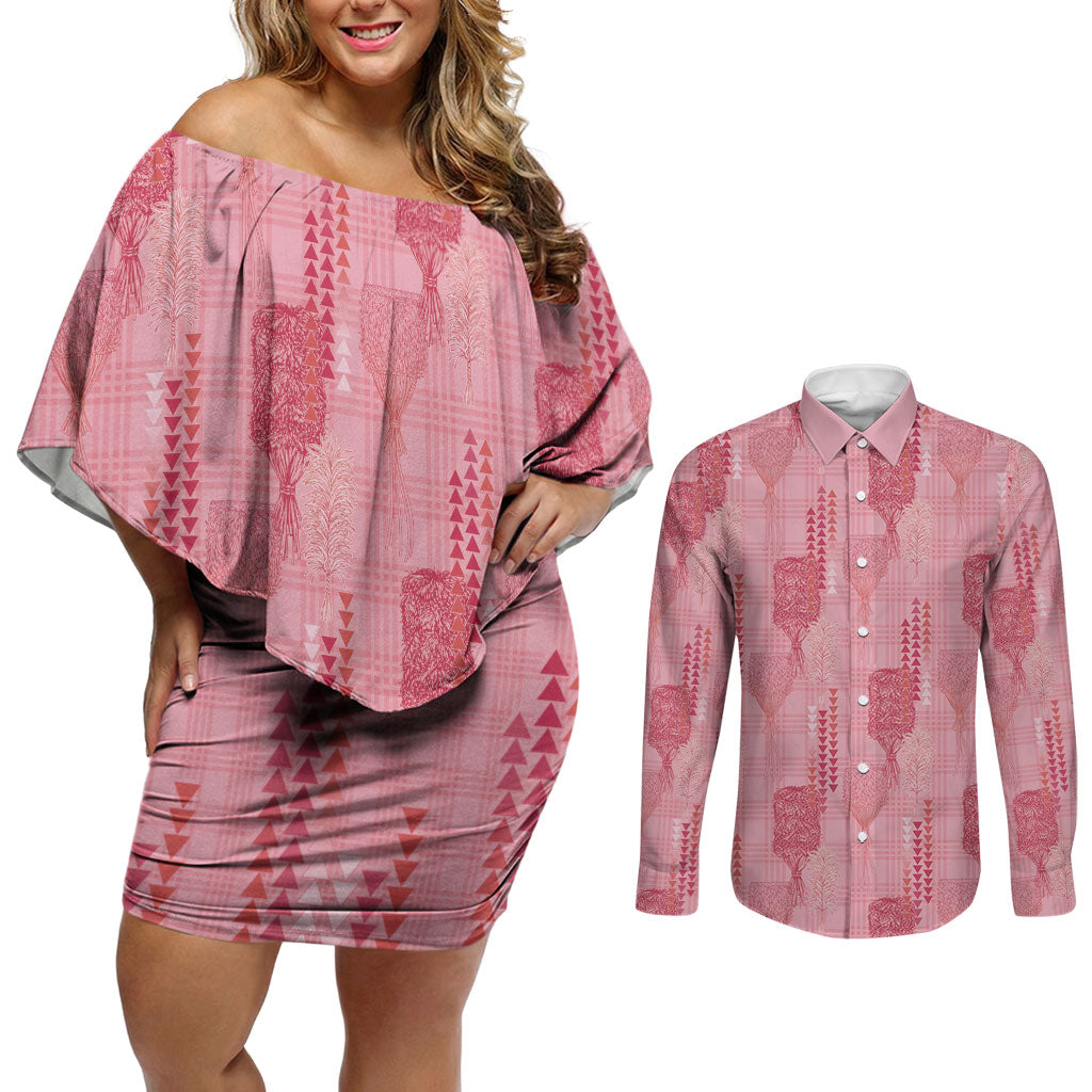 Aloha Hawaii Vintage Kahili Pa'a Lima Couples Matching Off Shoulder Short Dress and Long Sleeve Button Shirt Palaka Print Berry Pink