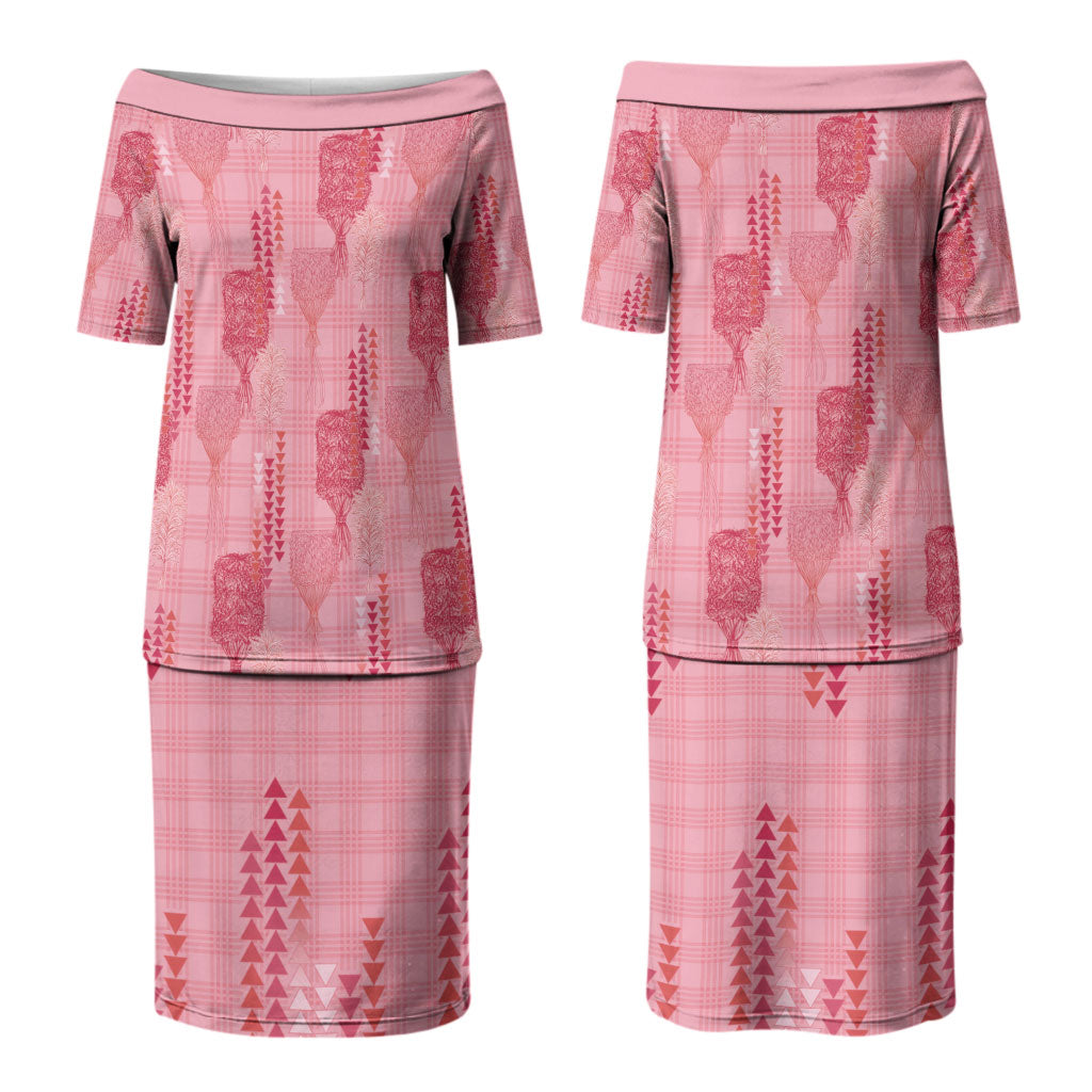 Aloha Hawaii Vintage Kahili Pa'a Lima Couples Matching Puletasi and Long Sleeve Button Shirt Palaka Print Berry Pink