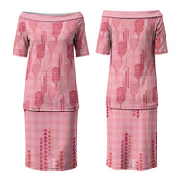 Aloha Hawaii Vintage Kahili Pa'a Lima Couples Matching Puletasi and Long Sleeve Button Shirt Palaka Print Berry Pink