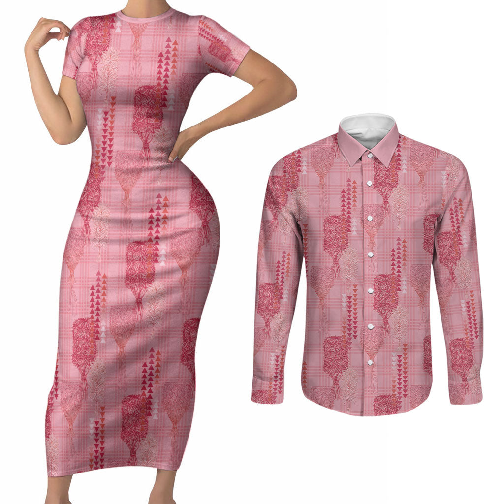 Aloha Hawaii Vintage Kahili Pa'a Lima Couples Matching Short Sleeve Bodycon Dress and Long Sleeve Button Shirt Palaka Print Berry Pink