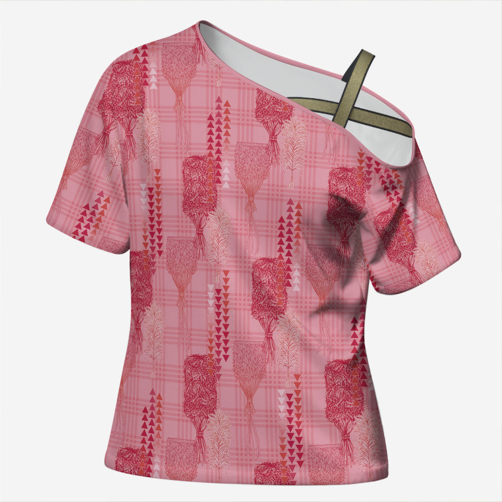 Aloha Hawaii Vintage Kahili Pa'a Lima Cross Shoulder Shirt Palaka Print Berry Pink LT7 Female Pink - Polynesian Pride