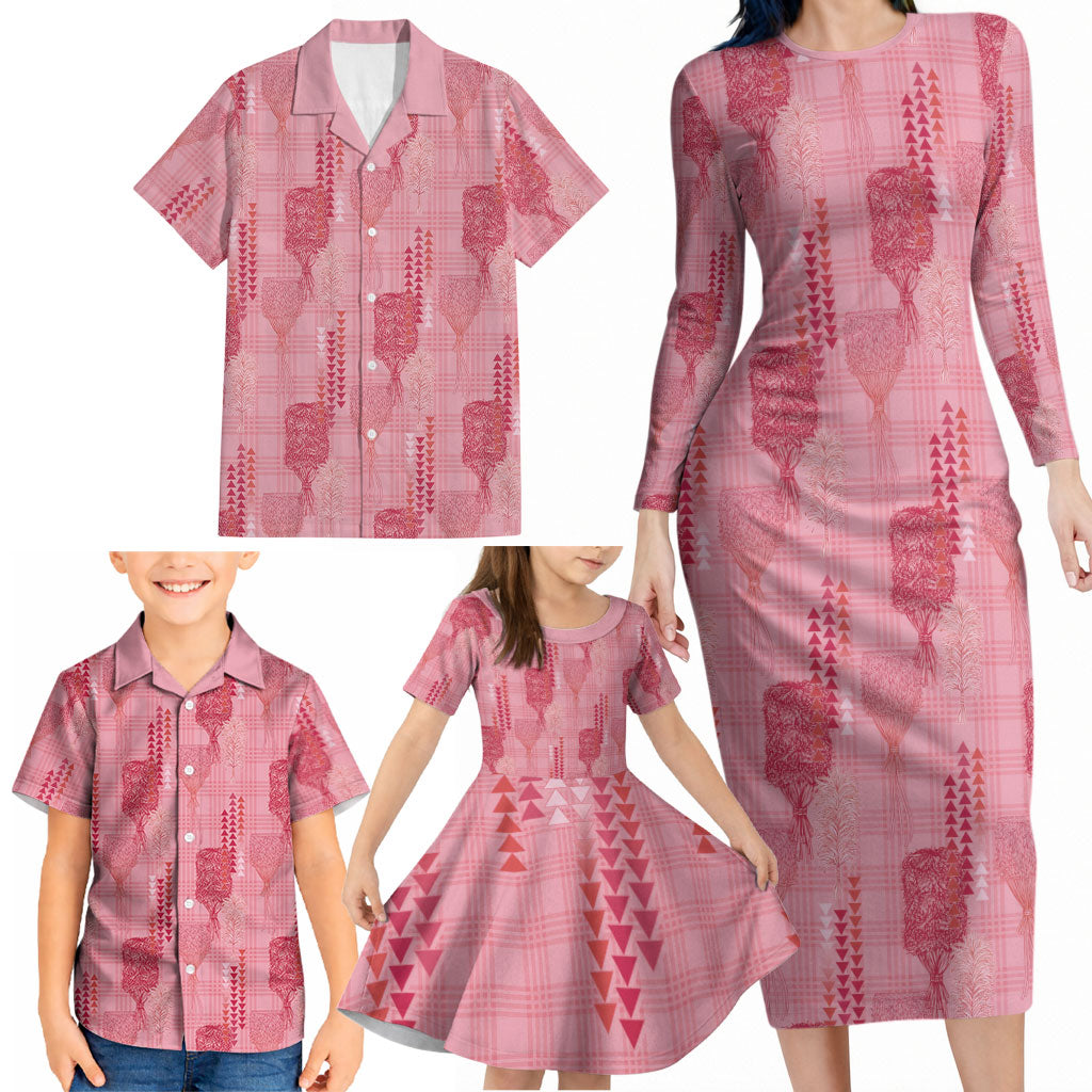 Aloha Hawaii Vintage Kahili Pa'a Lima Family Matching Long Sleeve Bodycon Dress and Hawaiian Shirt Palaka Print Berry Pink