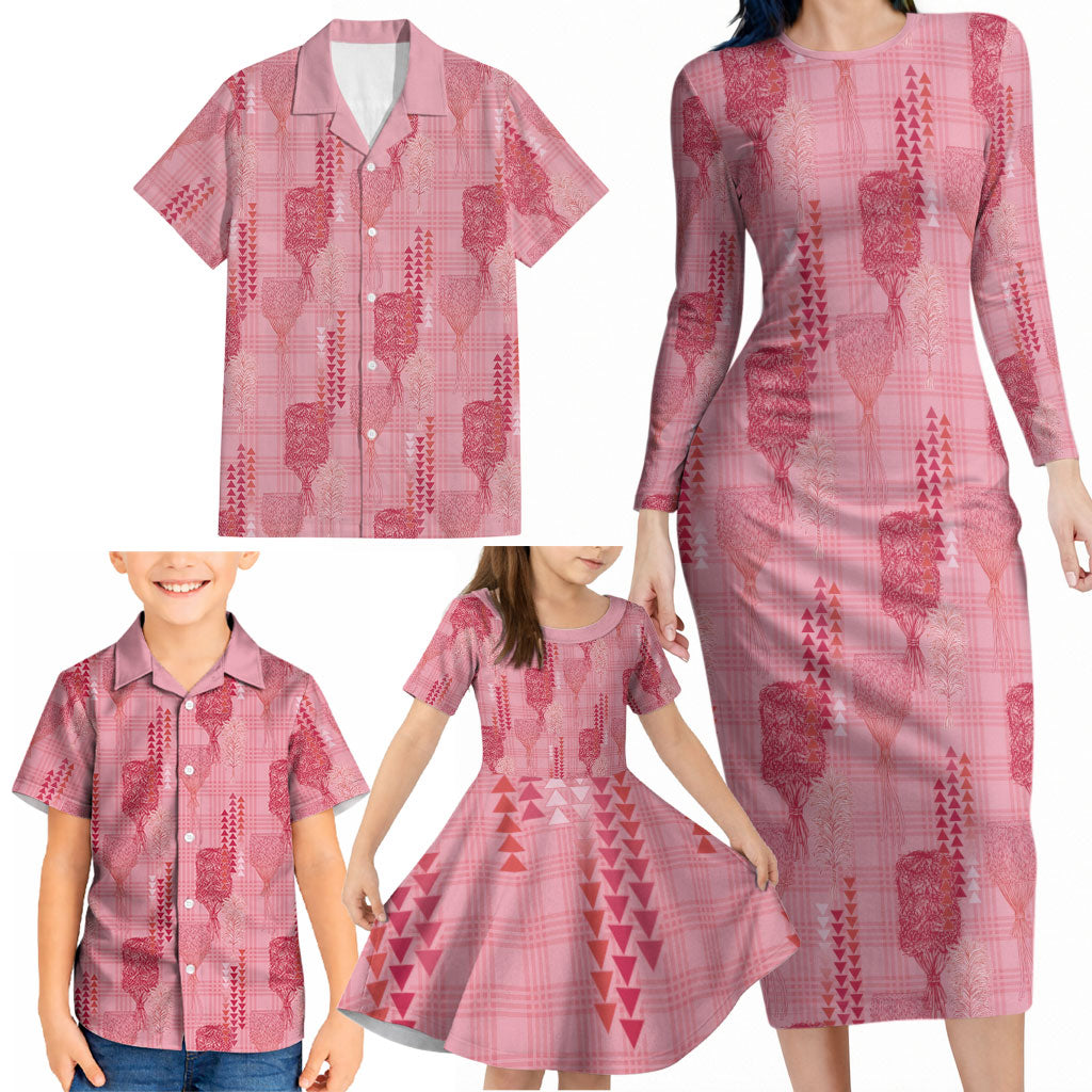 Aloha Hawaii Vintage Kahili Pa'a Lima Family Matching Long Sleeve Bodycon Dress and Hawaiian Shirt Palaka Print Berry Pink LT7 - Polynesian Pride
