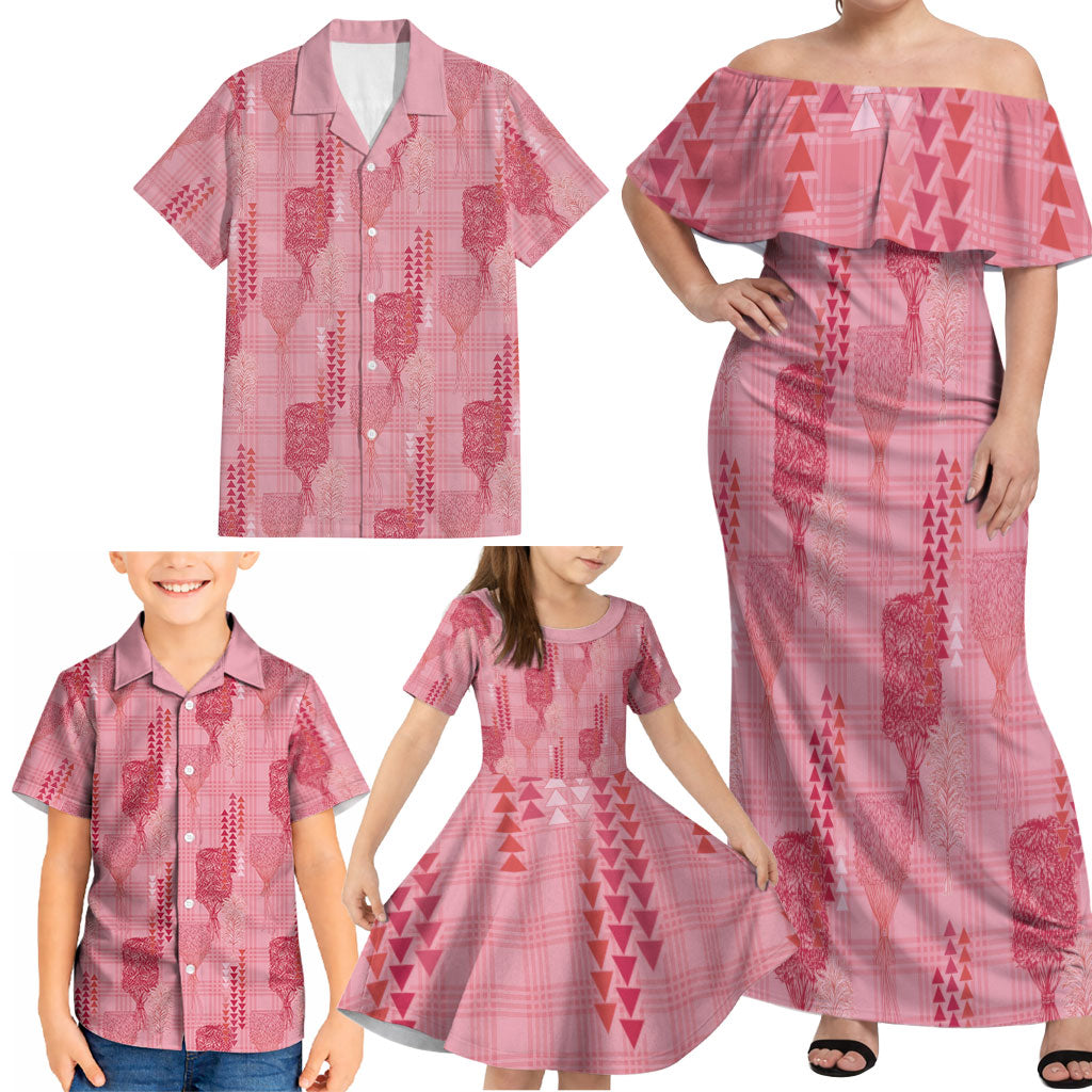 Aloha Hawaii Vintage Kahili Pa'a Lima Family Matching Off Shoulder Maxi Dress and Hawaiian Shirt Palaka Print Berry Pink