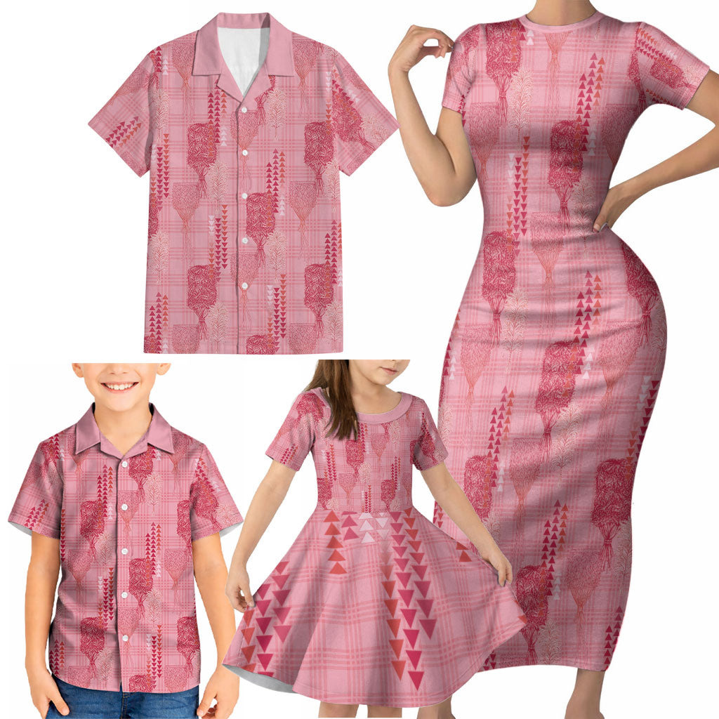 Aloha Hawaii Vintage Kahili Pa'a Lima Family Matching Short Sleeve Bodycon Dress and Hawaiian Shirt Palaka Print Berry Pink LT7 - Polynesian Pride