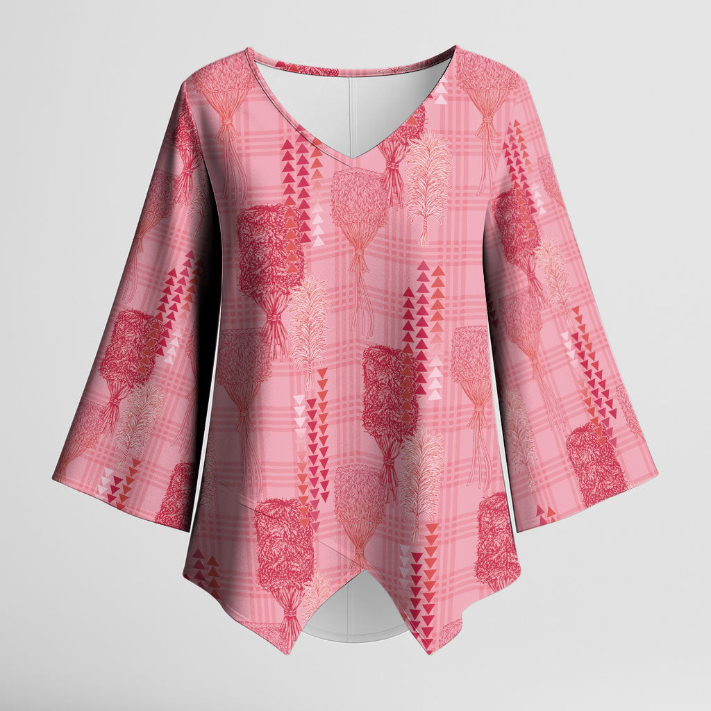 Aloha Hawaii Vintage Kahili Pa'a Lima Kimono Sleeve Blouse Palaka Print Berry Pink