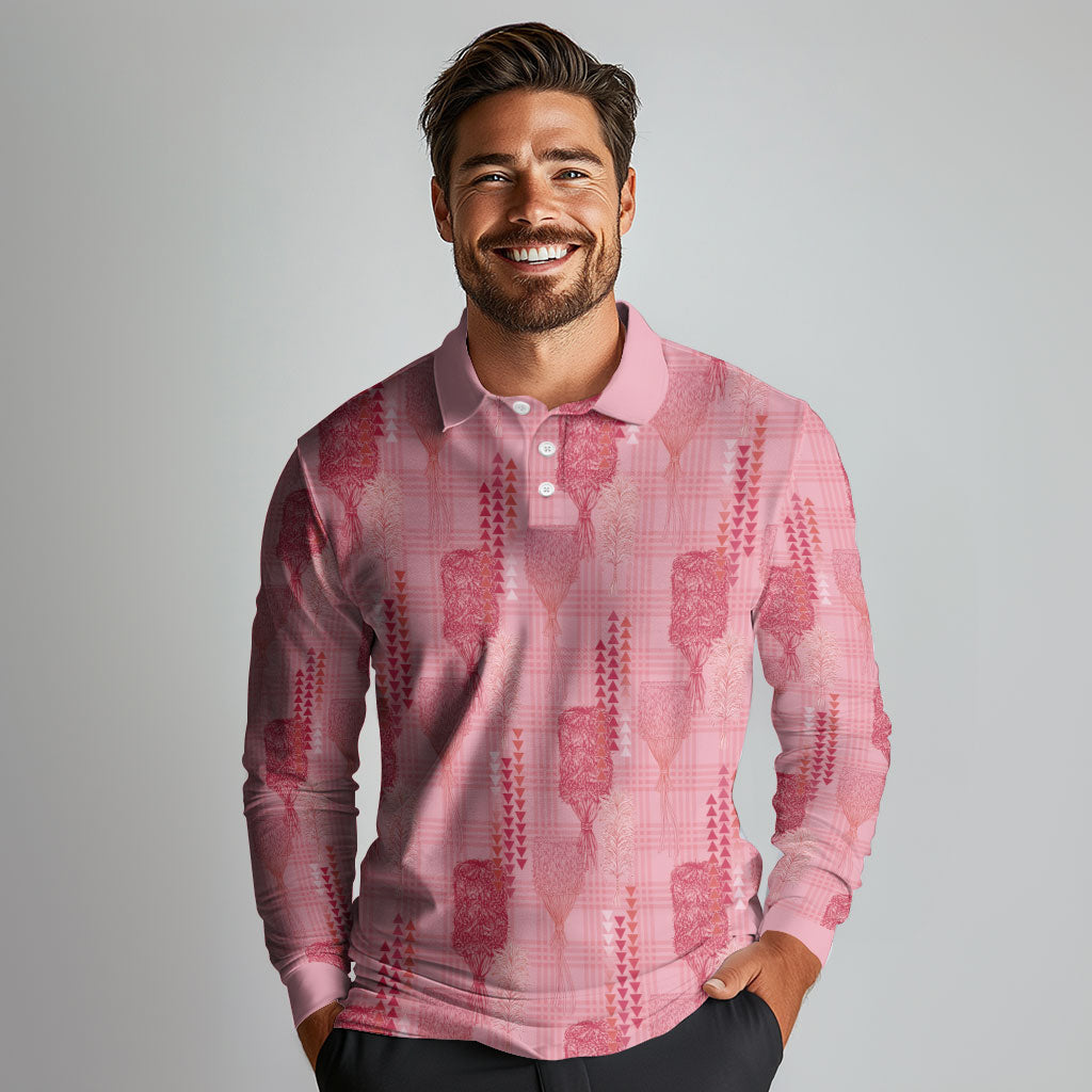 Aloha Hawaii Vintage Kahili Pa'a Lima Long Sleeve Polo Shirt Palaka Print Berry Pink