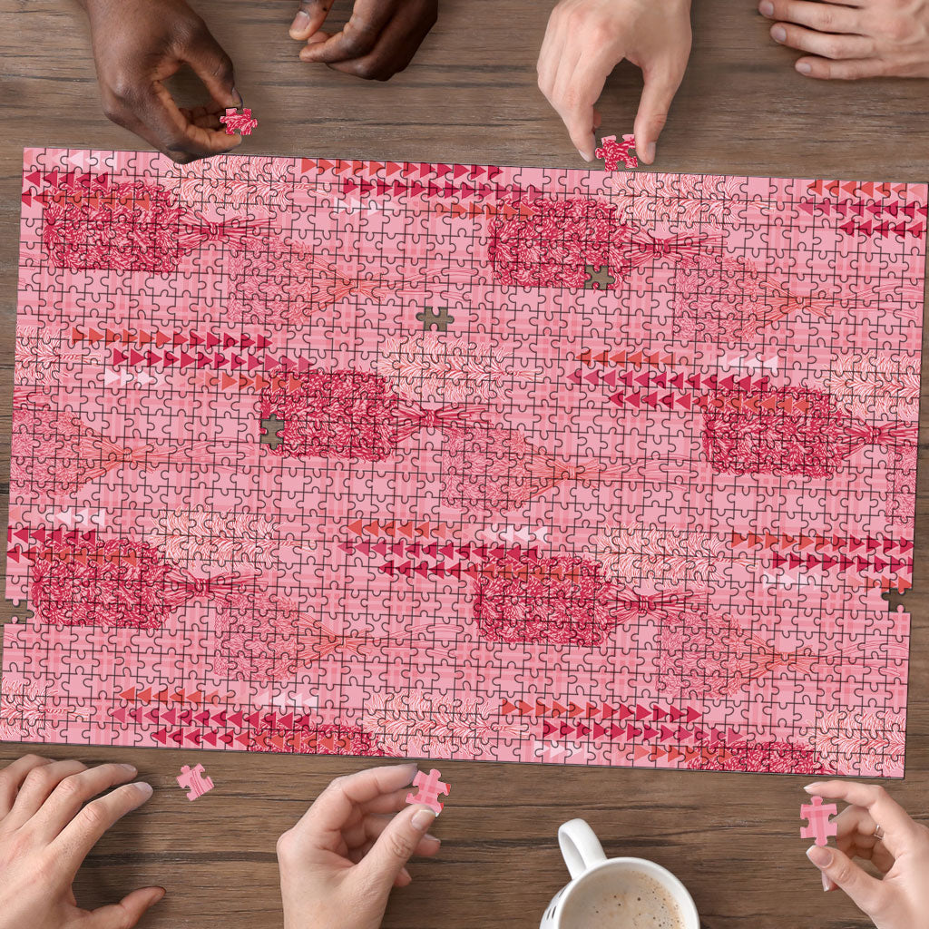 Aloha Hawaii Vintage Kahili Pa'a Lima Puzzle Palaka Print Berry Pink
