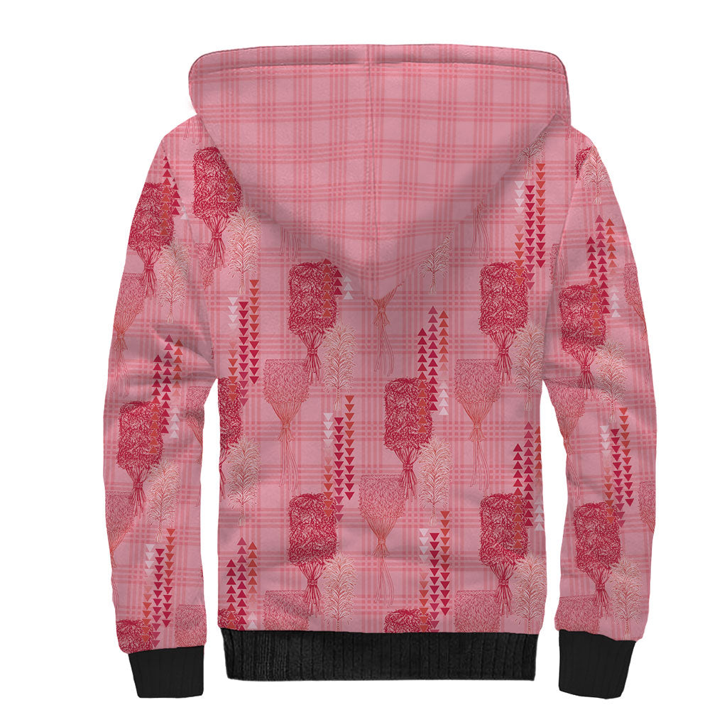 Aloha Hawaii Vintage Kahili Pa'a Lima Sherpa Hoodie Palaka Print Berry Pink