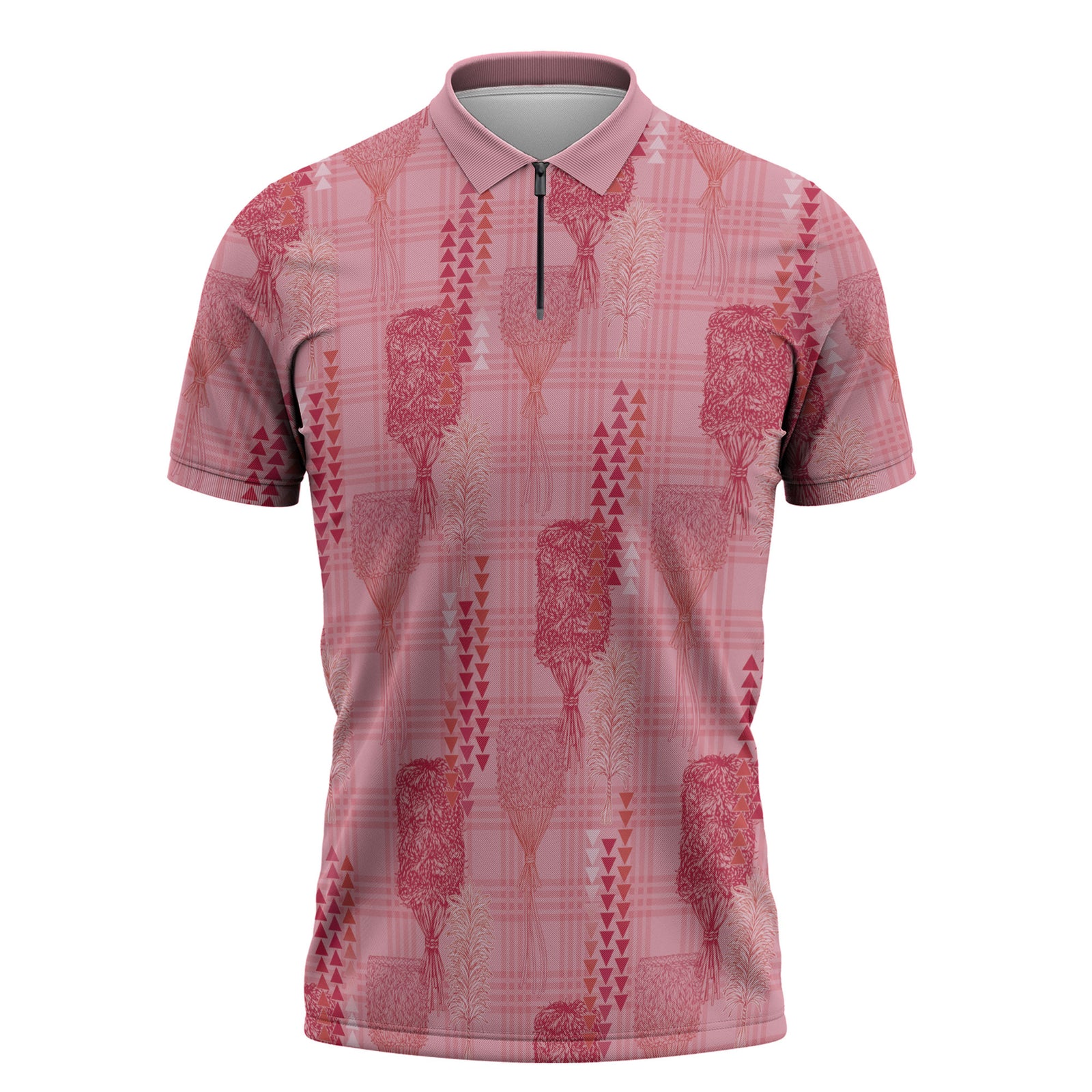 Aloha Hawaii Vintage Kahili Pa'a Lima Zipper Polo Shirt Palaka Print Berry Pink