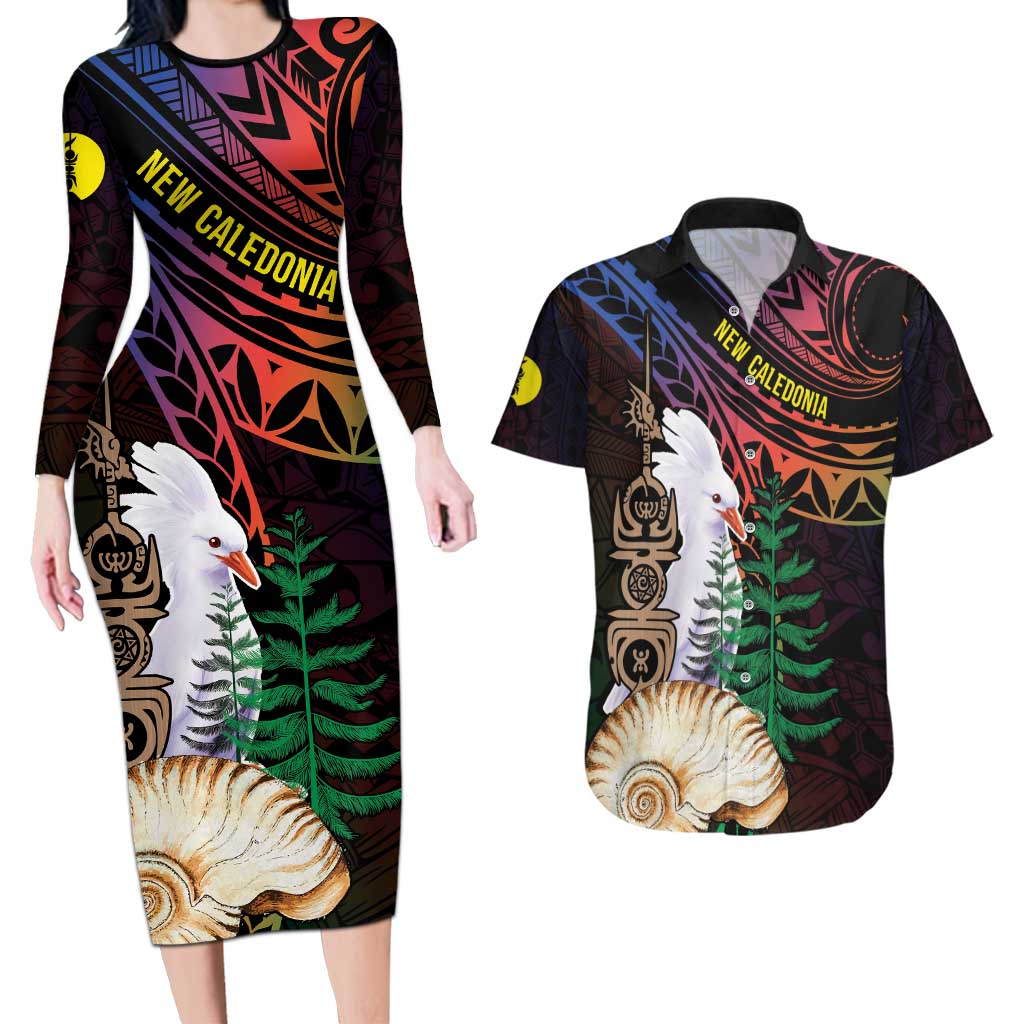 New Caledonia Kanaky Personalized Couples Matching Long Sleeve Bodycon Dress and Hawaiian Shirt Kagu Bird Emblem - Polynesian Pride