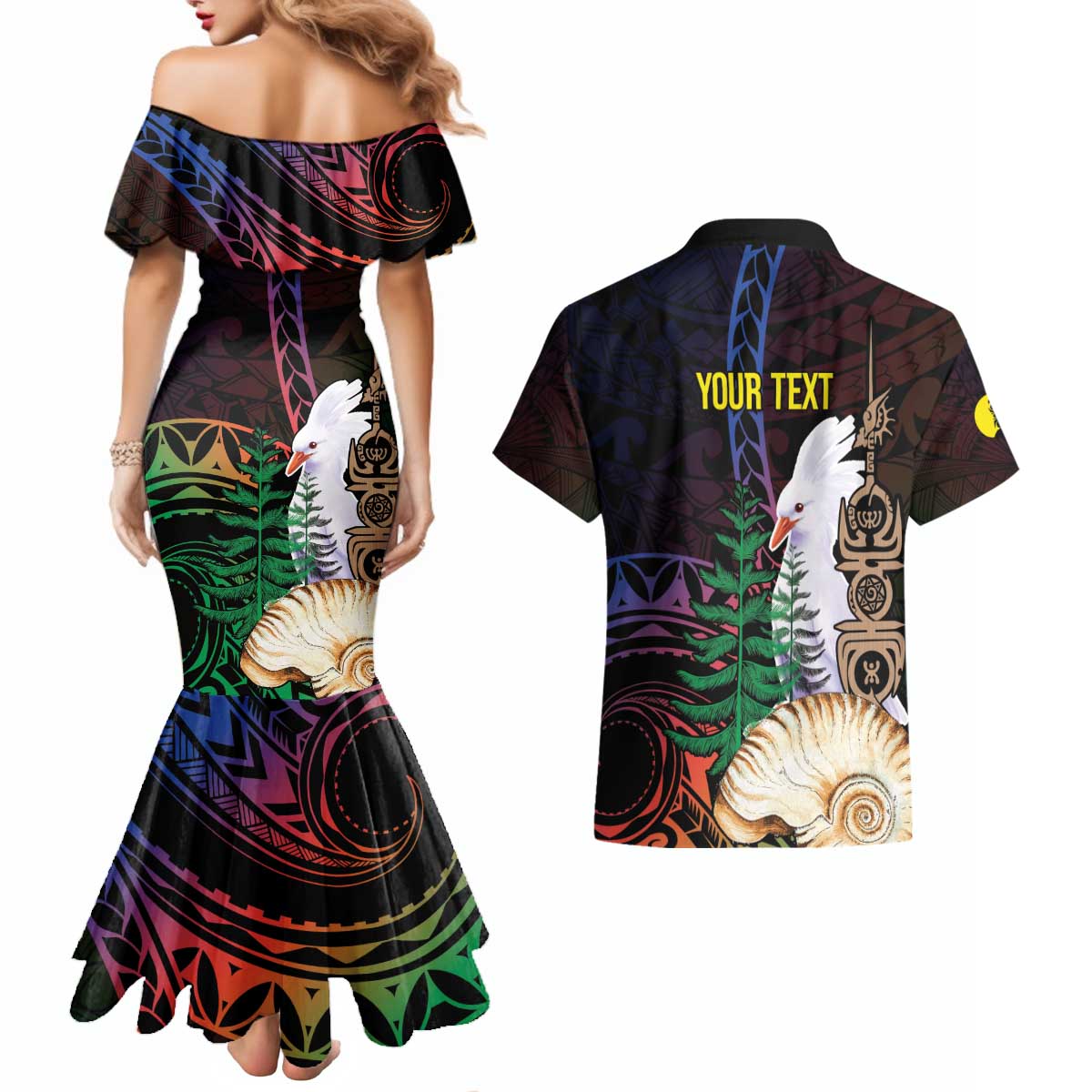 New Caledonia Kanaky Personalized Couples Matching Mermaid Dress and Hawaiian Shirt Kagu Bird Emblem - Polynesian Pride