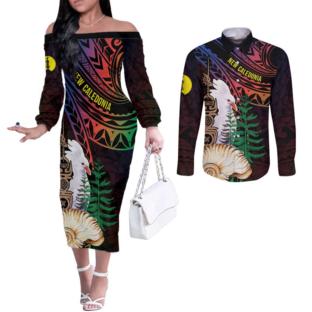 New Caledonia Kanaky Personalized Couples Matching Off The Shoulder Long Sleeve Dress and Long Sleeve Button Shirt Kagu Bird Emblem - Polynesian Pride