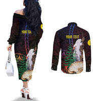 New Caledonia Kanaky Personalized Couples Matching Off The Shoulder Long Sleeve Dress and Long Sleeve Button Shirt Kagu Bird Emblem - Polynesian Pride