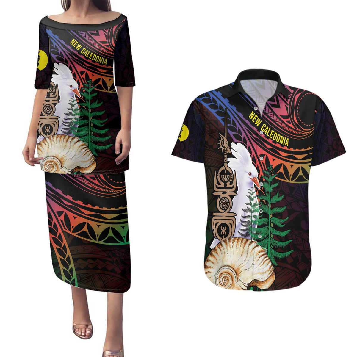 New Caledonia Kanaky Personalized Couples Matching Puletasi and Hawaiian Shirt Kagu Bird Emblem - Polynesian Pride