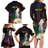 New Caledonia Kanaky Personalized Family Matching Long Sleeve Bodycon Dress and Hawaiian Shirt Kagu Bird Emblem - Polynesian Pride