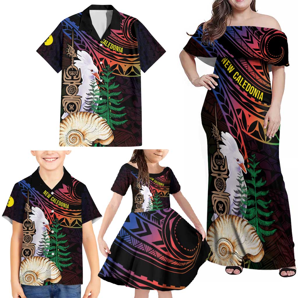 New Caledonia Kanaky Personalized Family Matching Off Shoulder Maxi Dress and Hawaiian Shirt Kagu Bird Emblem - Polynesian Pride