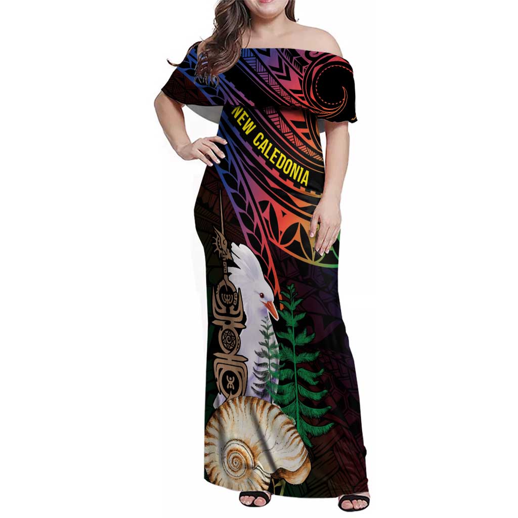 New Caledonia Kanaky Personalized Family Matching Off Shoulder Maxi Dress and Hawaiian Shirt Kagu Bird Emblem - Polynesian Pride