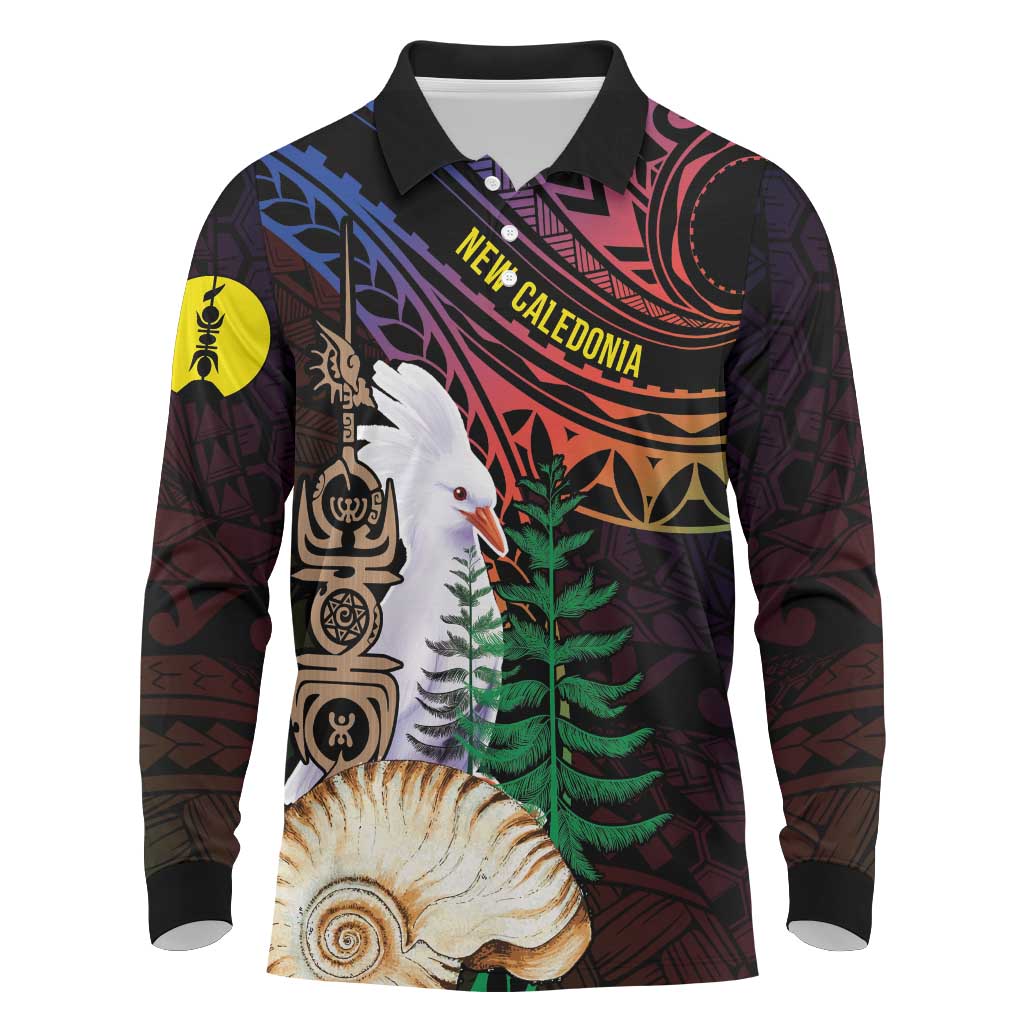 New Caledonia Kanaky Personalized Long Sleeve Polo Shirt Kagu Bird Emblem - Polynesian Pride