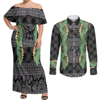 Hawai'i Paniolo Maile Twisted Lei Couples Matching Off Shoulder Maxi Dress and Long Sleeve Button Shirt Obsidian Black LT7 Black - Polynesian Pride