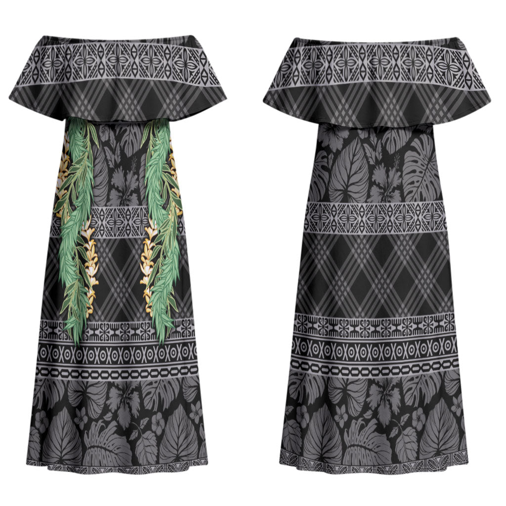 Hawai'i Paniolo Maile Twisted Lei Couples Matching Off Shoulder Maxi Dress and Long Sleeve Button Shirt Obsidian Black LT7 - Polynesian Pride