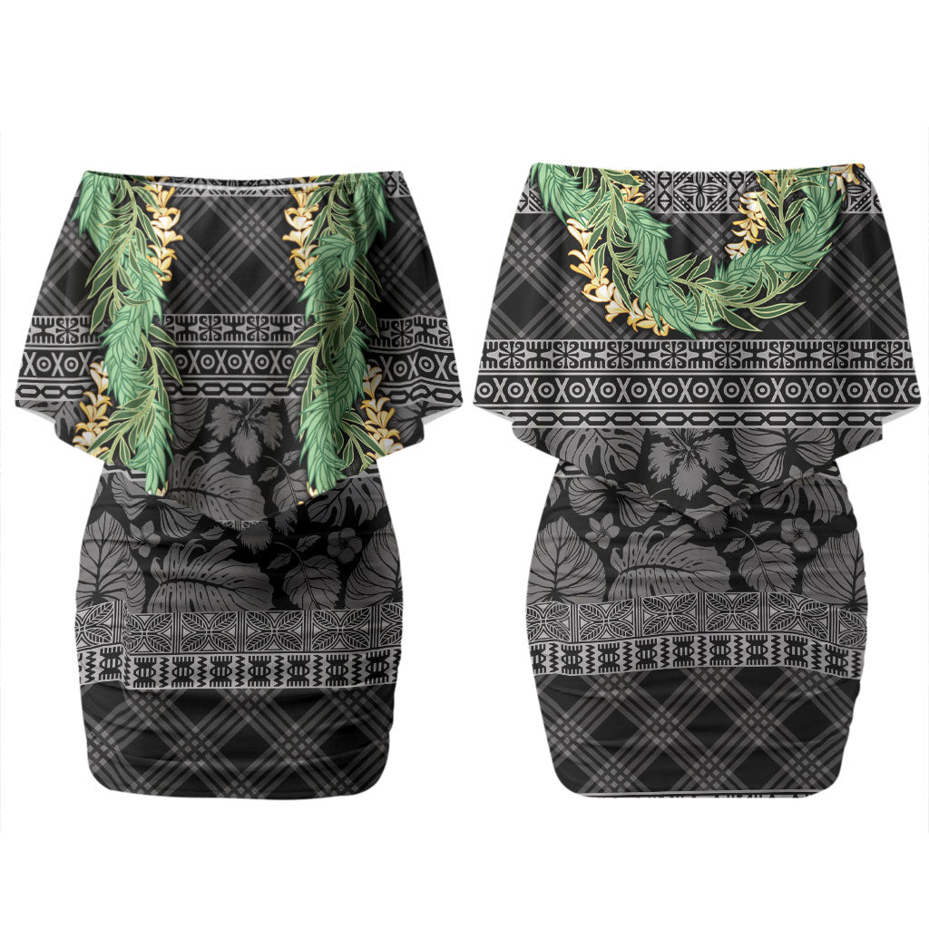 Hawai'i Paniolo Maile Twisted Lei Couples Matching Off Shoulder Short Dress and Hawaiian Shirt Obsidian Black LT7 - Polynesian Pride