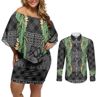 Hawai'i Paniolo Maile Twisted Lei Couples Matching Off Shoulder Short Dress and Long Sleeve Button Shirt Obsidian Black LT7 Black - Polynesian Pride