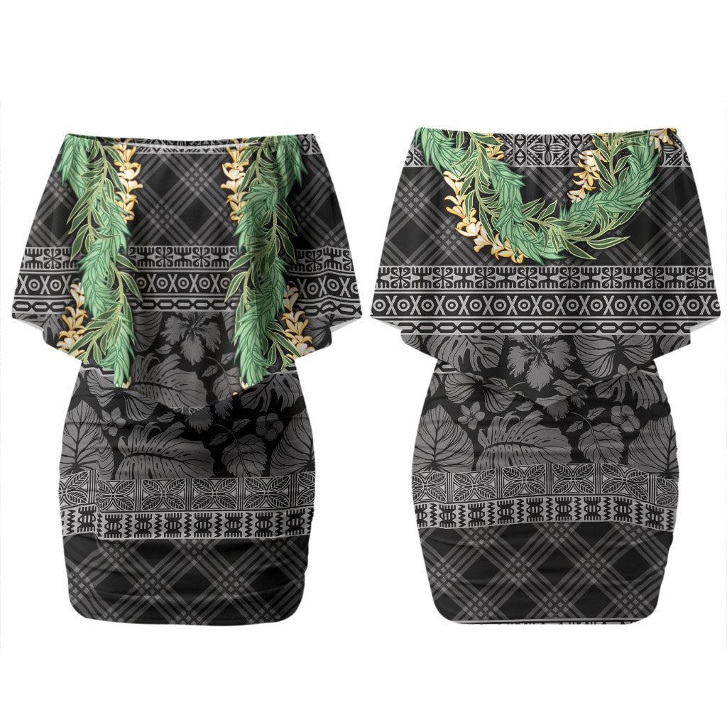 Hawai'i Paniolo Maile Twisted Lei Couples Matching Off Shoulder Short Dress and Long Sleeve Button Shirt Obsidian Black LT7 - Polynesian Pride
