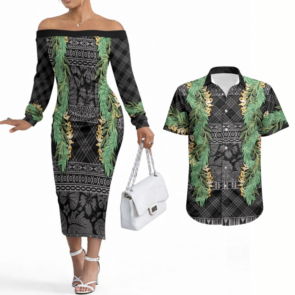 Hawai'i Paniolo Maile Twisted Lei Couples Matching Off The Shoulder Long Sleeve Dress and Hawaiian Shirt Obsidian Black LT7 Black - Polynesian Pride