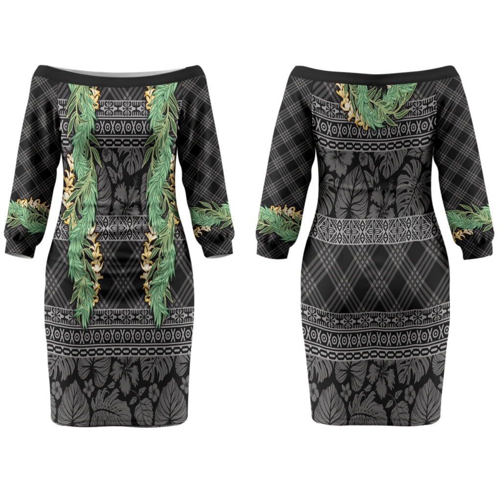 Hawai'i Paniolo Maile Twisted Lei Couples Matching Off The Shoulder Long Sleeve Dress and Hawaiian Shirt Obsidian Black LT7 - Polynesian Pride