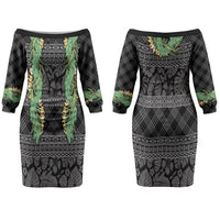 Hawai'i Paniolo Maile Twisted Lei Couples Matching Off The Shoulder Long Sleeve Dress and Hawaiian Shirt Obsidian Black LT7 - Polynesian Pride