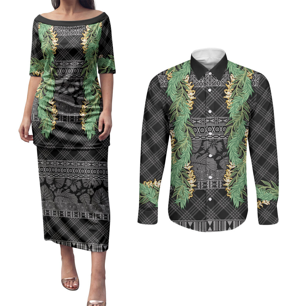 Hawai'i Paniolo Maile Twisted Lei Couples Matching Puletasi and Long Sleeve Button Shirt Obsidian Black LT7 Black - Polynesian Pride