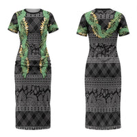 Hawai'i Paniolo Maile Twisted Lei Couples Matching Short Sleeve Bodycon Dress and Hawaiian Shirt Obsidian Black LT7 - Polynesian Pride