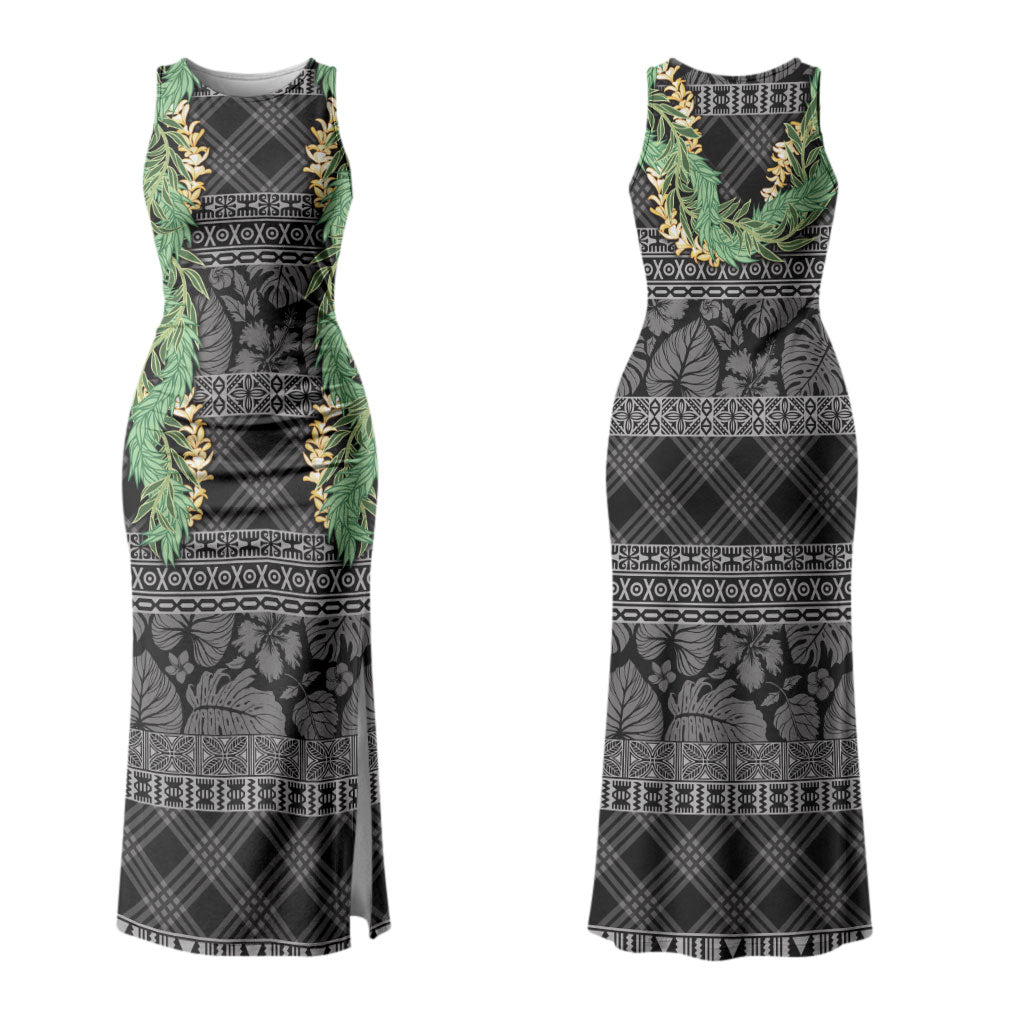 Hawai'i Paniolo Maile Twisted Lei Couples Matching Tank Maxi Dress and Hawaiian Shirt Obsidian Black LT7 - Polynesian Pride