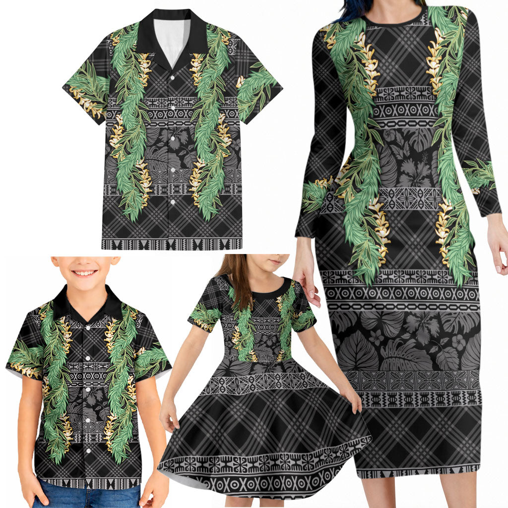 Hawai'i Paniolo Maile Twisted Lei Family Matching Long Sleeve Bodycon Dress and Hawaiian Shirt Obsidian Black LT7 - Polynesian Pride