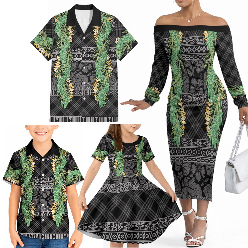 Hawai'i Paniolo Maile Twisted Lei Family Matching Off The Shoulder Long Sleeve Dress and Hawaiian Shirt Obsidian Black LT7 - Polynesian Pride