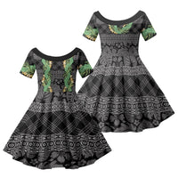 Hawai'i Paniolo Maile Twisted Lei Family Matching Off Shoulder Maxi Dress and Hawaiian Shirt Obsidian Black LT7 Daughter's Dress Black - Polynesian Pride