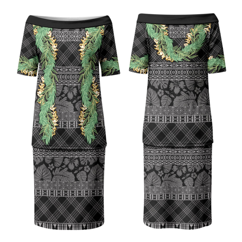 Hawai'i Paniolo Maile Twisted Lei Family Matching Puletasi and Hawaiian Shirt Obsidian Black LT7 Mom's Dress Black - Polynesian Pride