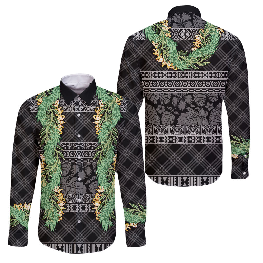 Hawai'i Paniolo Maile Twisted Lei Family Matching Tank Maxi Dress and Hawaiian Shirt Obsidian Black LT7 Dad's Shirt - Long Sleeve Black - Polynesian Pride