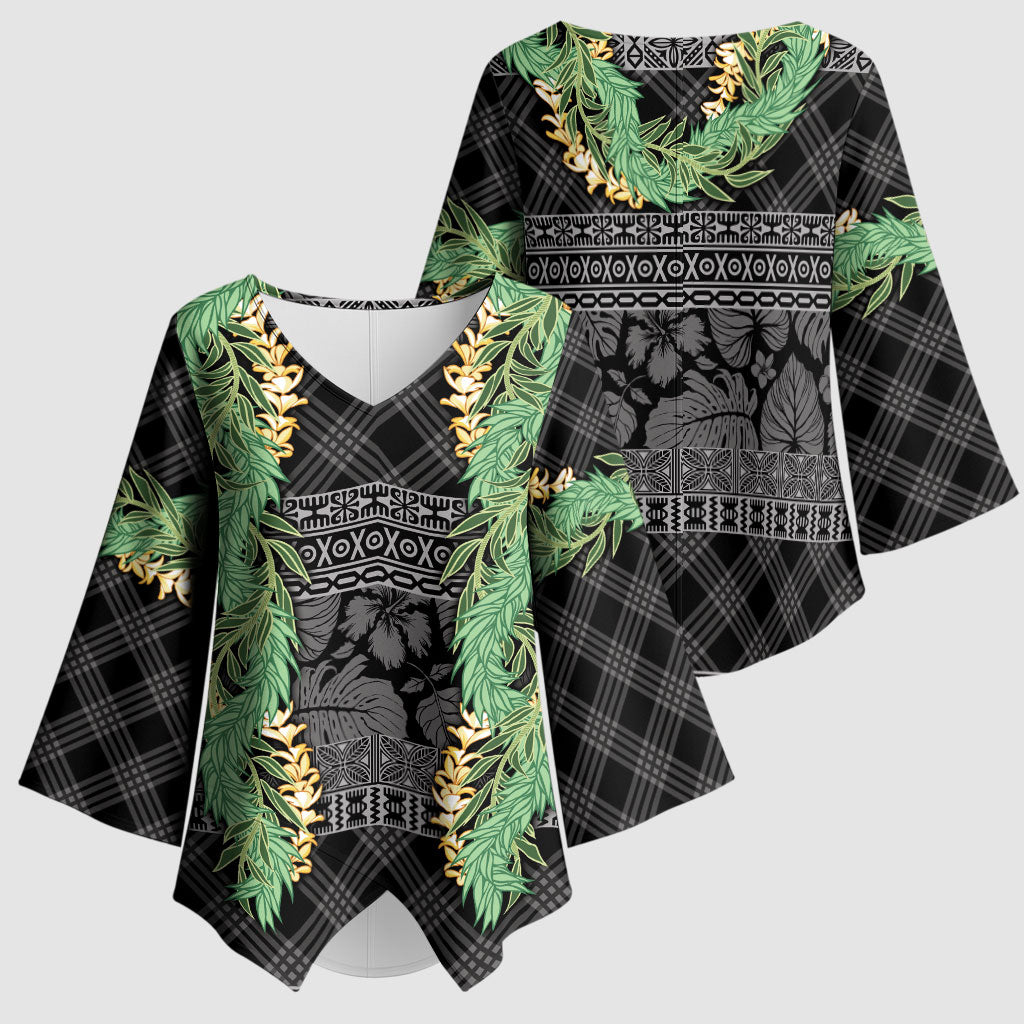 Hawai'i Paniolo Maile Twisted Lei Kimono Sleeve Blouse Obsidian Black LT7 - Polynesian Pride