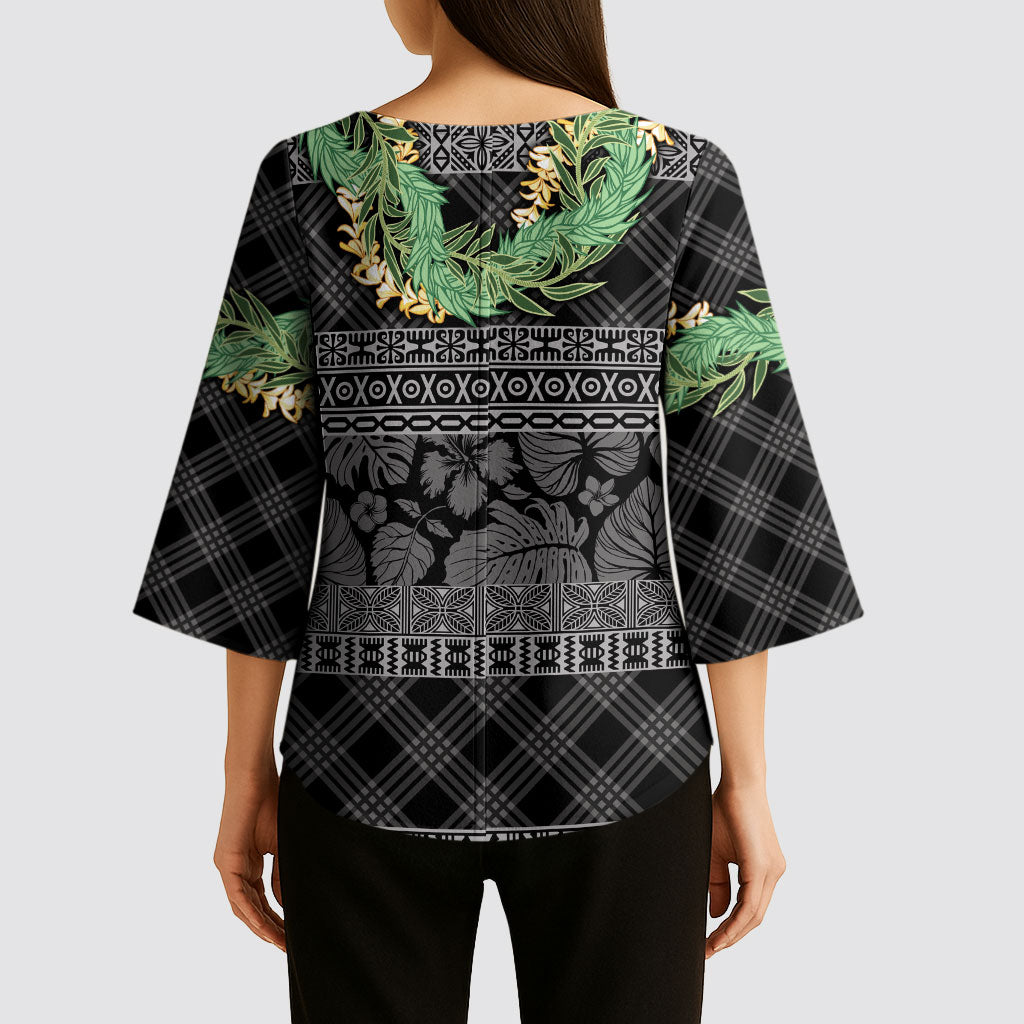 Hawai'i Paniolo Maile Twisted Lei Kimono Sleeve Blouse Obsidian Black LT7 - Polynesian Pride