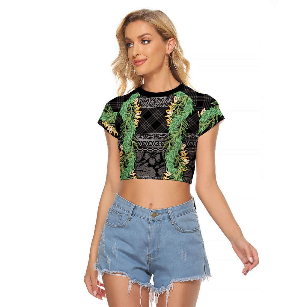 Hawai'i Paniolo Maile Twisted Lei Raglan Cropped T Shirt Obsidian Black LT7 Female Black - Polynesian Pride
