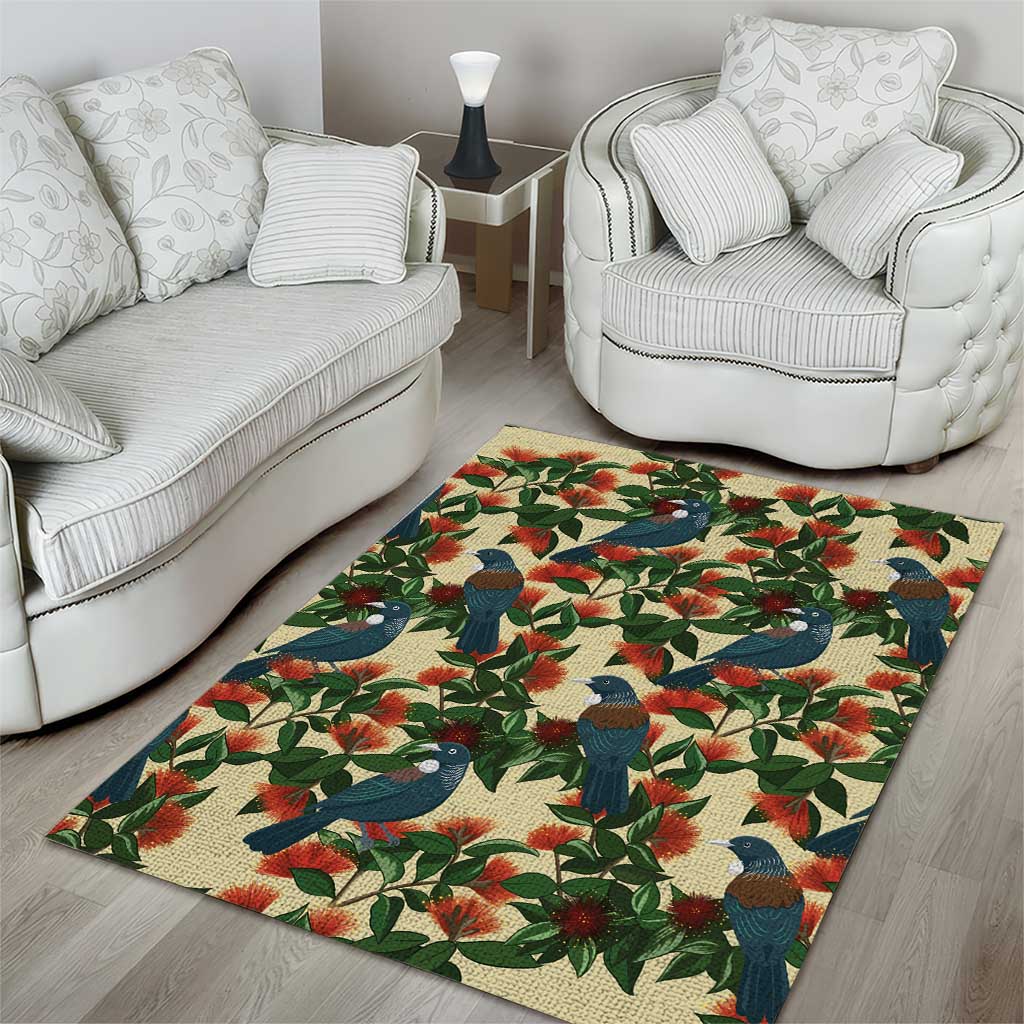 New Zealand Christmas Area Rug Romantic Tui Birds on Pohutukawa - Ivory - Polynesian Pride