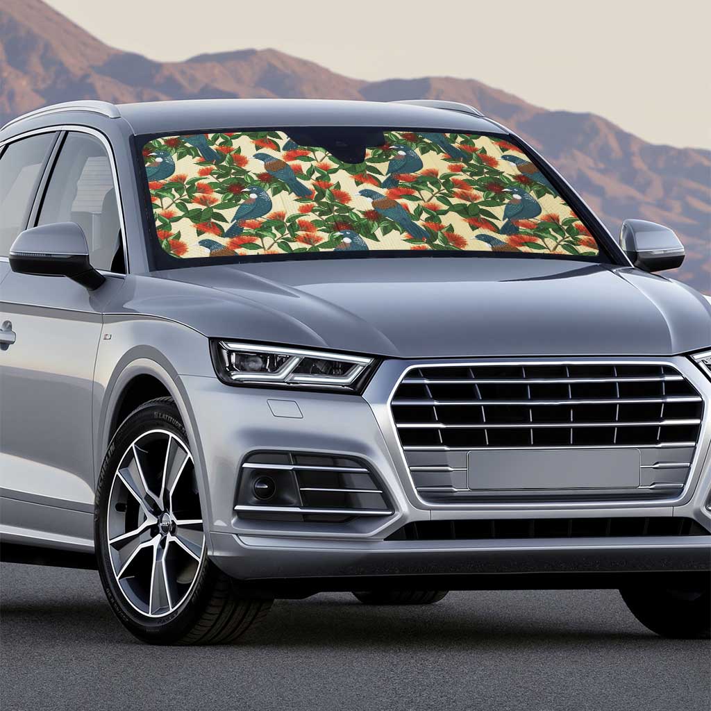 New Zealand Christmas Auto Sun Shade Romantic Tui Birds on Pohutukawa - Ivory - Polynesian Pride