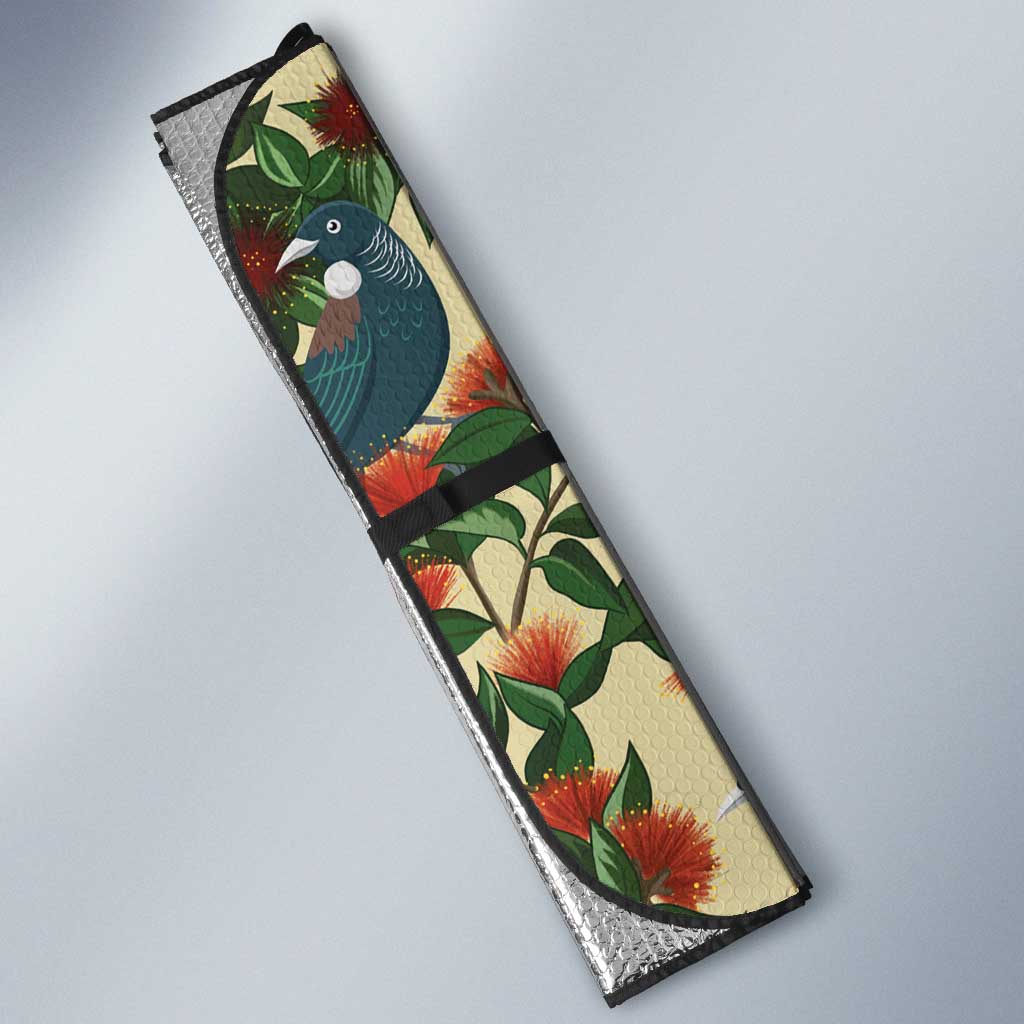 New Zealand Christmas Auto Sun Shade Romantic Tui Birds on Pohutukawa - Ivory - Polynesian Pride