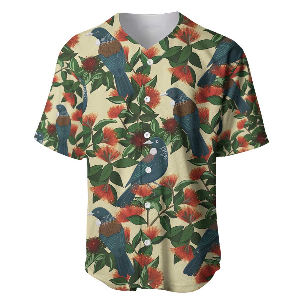 New Zealand Christmas Baseball Jersey Romantic Tui Birds on Pohutukawa - Ivory - Polynesian Pride
