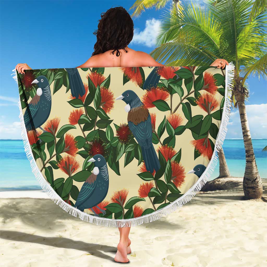 New Zealand Christmas Beach Blanket Romantic Tui Birds on Pohutukawa - Ivory - Polynesian Pride
