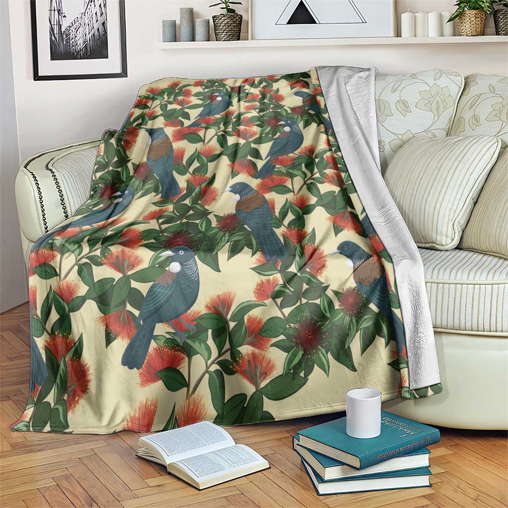 New Zealand Christmas Blanket Romantic Tui Birds on Pohutukawa - Ivory - Polynesian Pride